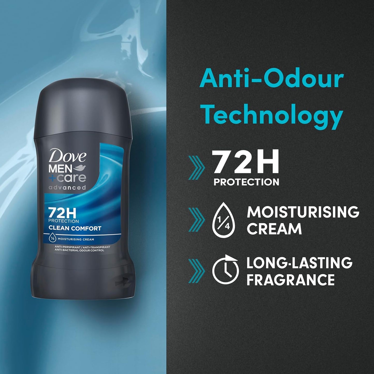 Dove Men+Care Advanced Clean Comfort Anti-Perspirant Stick Men's Deodorant with Anti-Odour Technology and a lemon &amp; cedarwood scent for 72 hour sweat and anti-bacterial odour protection 50 ml