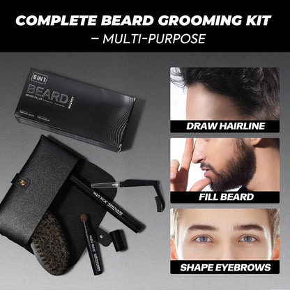 Beard Pencil Kit for Men, 5 in 1 Waterproof Beard Filler Pen Set with Brush, Long-Lasting Dual Tip Filling and Shaping Tools for Hairline, Mustache &amp; Eyebrow (DARK BROWN)