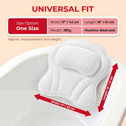 Bath Pillow LAVISMA Ergonomic Bathtub Cushion with 4D Breathable Mesh, Head, Neck, Shoulder &amp; Back Support, 6 Strong Suction Cups, Quick Dry Spa Pillow for Bathtub Jacuzzi Hot Tub - White