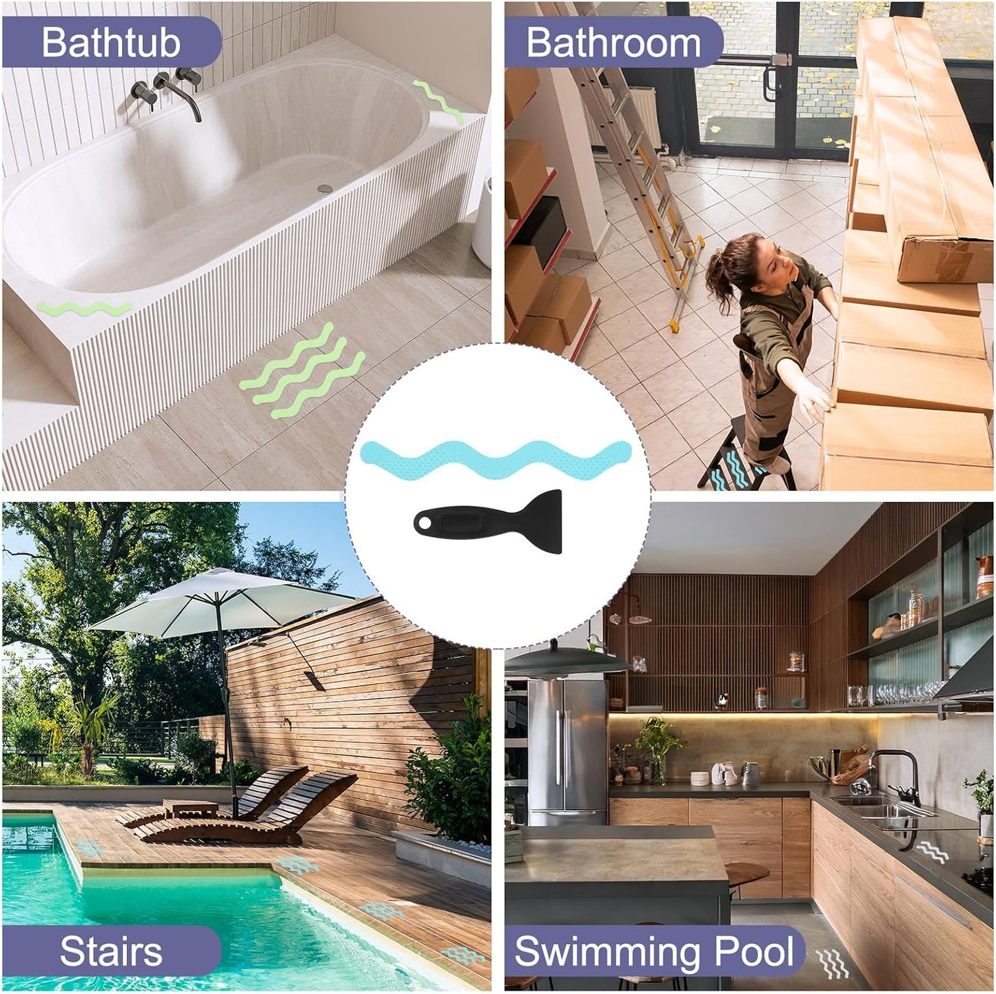 PATIKIL Non Slip Bathtub Stickers, 24 Pcs S-Shape Safety Anti Slip Shower Stickers Strips Adhesive Decals with Scraper for Bath Tub Shower Floor Stairs Ladders, Blue