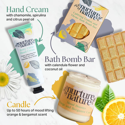 NURTURE BY NATURE Spa Gift Set – 6 Piece Uplifting Pamper Gift Set for Women with Soap, Body Scrub, Hand Cream &amp; Candle – Vegan - Valentines Gifts for Her, Mothers Day Gifts, Self Care Birthday Gift