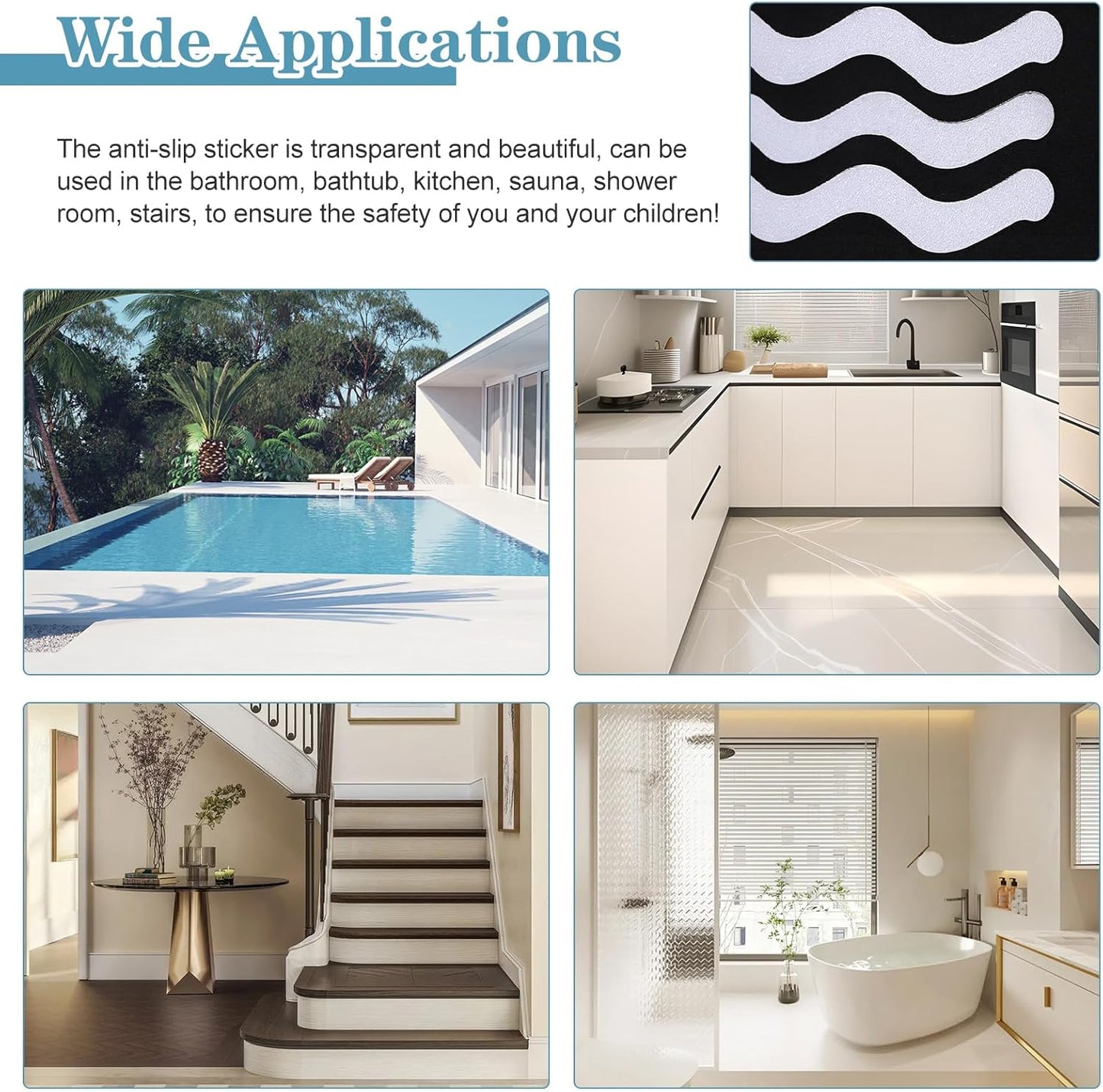 36PCS Non-Slip Strip Stickers for Bath and Shower, Wave Anti-Slip Strip with Scraper, Non Slip Bathtub Stickers for Stairs, Shower Room, Slippery Surfaces, Sauna, Kitchen-Transparent