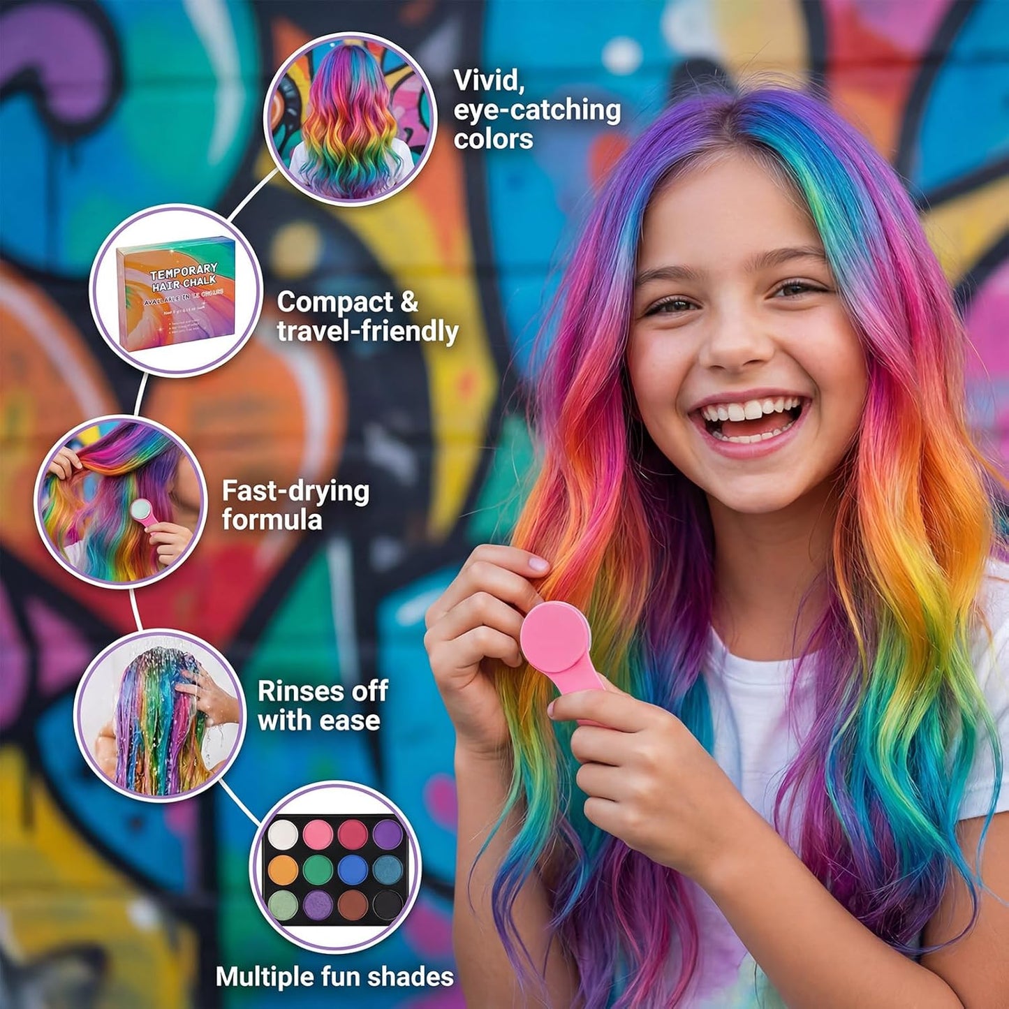 12 Colors Hair Chalk for Girls Kids, Temporary Hair Dye Powder with 2ml Spray Bottle, Washable Coloured Hair Chalks Set, Safe Non-Toxic Hair Colour Spray Makeup Gifts for Birthday Party Cosplay