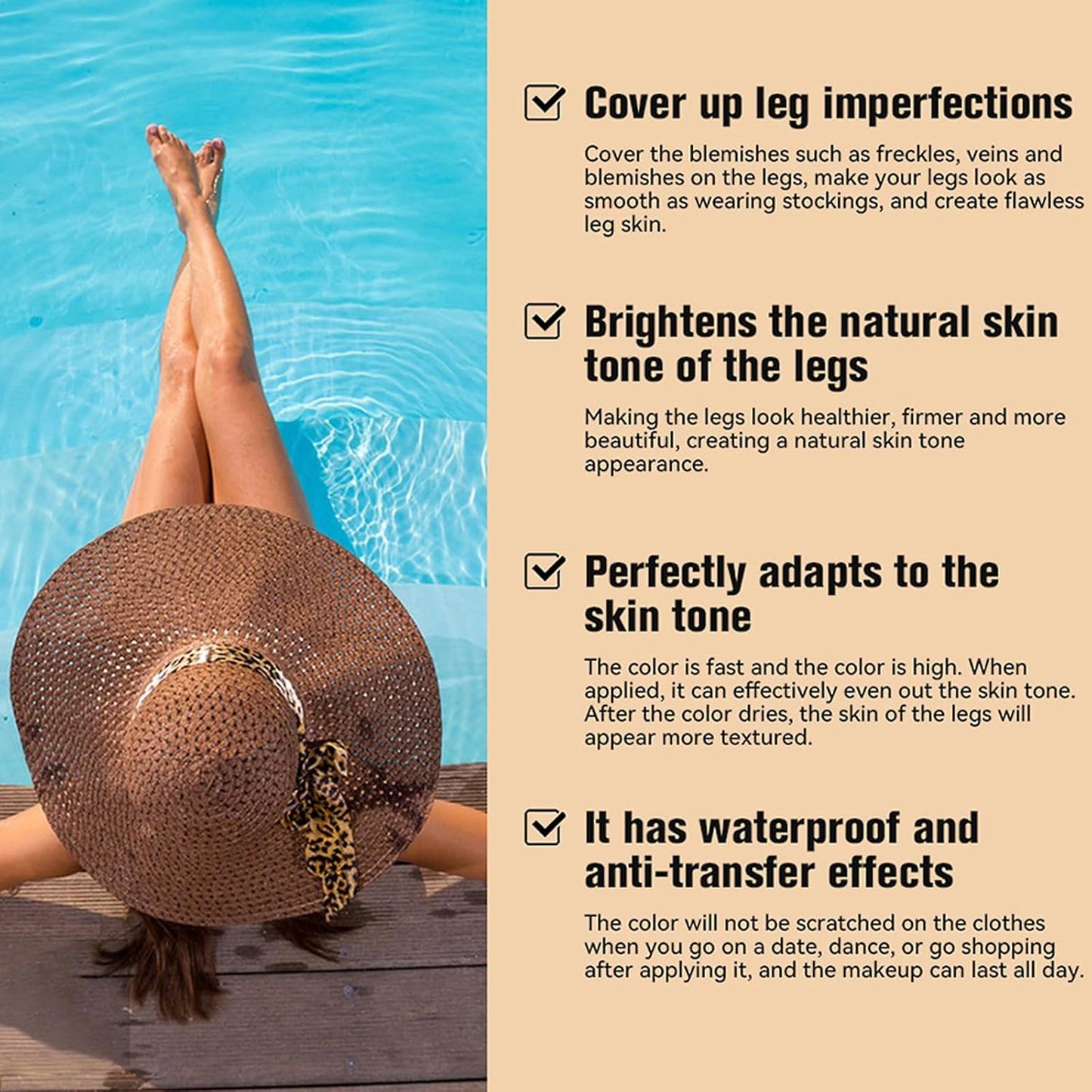 Waterproof leg makeup without transfer, extra-large body brush, coverage for varicose veins/scars, Skin Perfecting Body Foundation