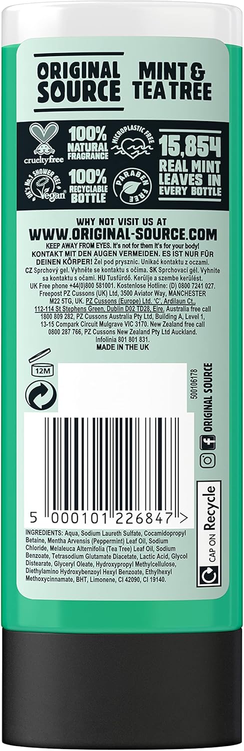 Original Source Mint &amp; Tea Tree Shower Gel, 100 Percent Natural Fragrance, Vegan, Cruelty Free, Paraben Free, Bulk Buy, Pack of 6 x 500 ml