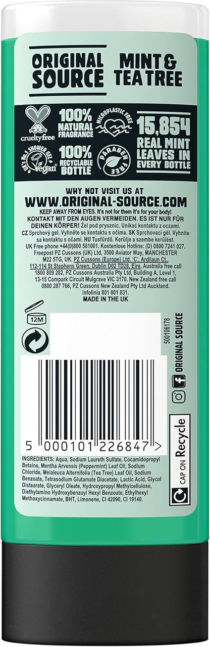 Original Source Mint &amp; Tea Tree Shower Gel, 100 Percent Natural Fragrance, Vegan, Cruelty Free, Paraben Free, Bulk Buy, Pack of 6 x 500 ml