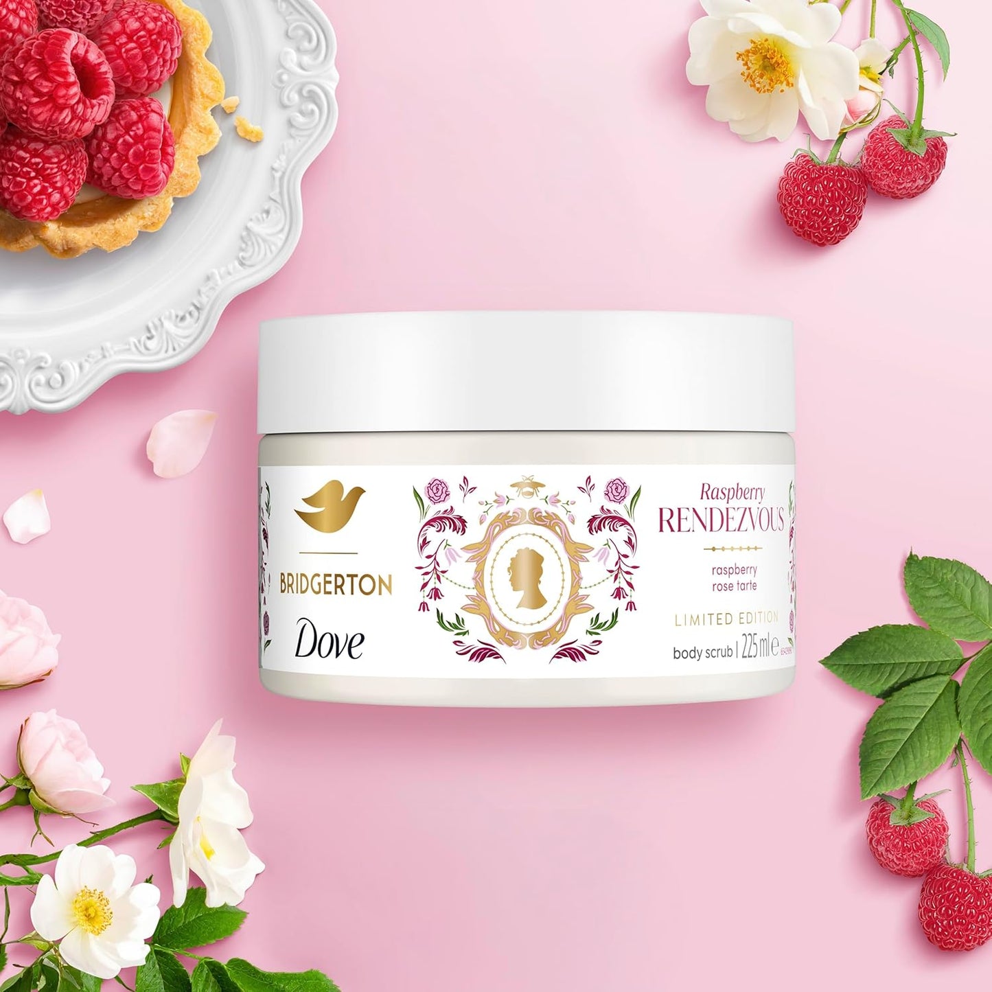 Dove Limited Edition Bridgerton Raspberry Rendezvous Body Scrub exfoliating scrub with a raspberry &amp; rose tart scent for deep nourishment 225 ml