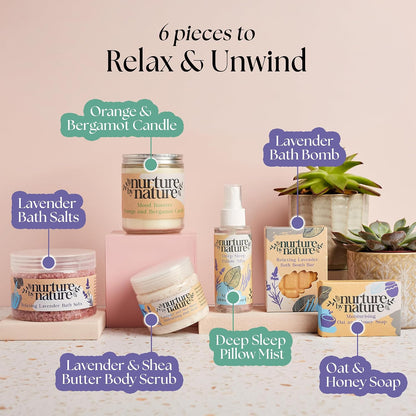 NURTURE BY NATURE Pamper Gifts for Women - 6 Pcs Relaxing Spa Gift Set with Lavender Pillow Spray, Bath Salts &amp; Bath Bomb - Valentines Gifts for Her, Mothers Day Mum Gifts, Birthday Gifts for Women