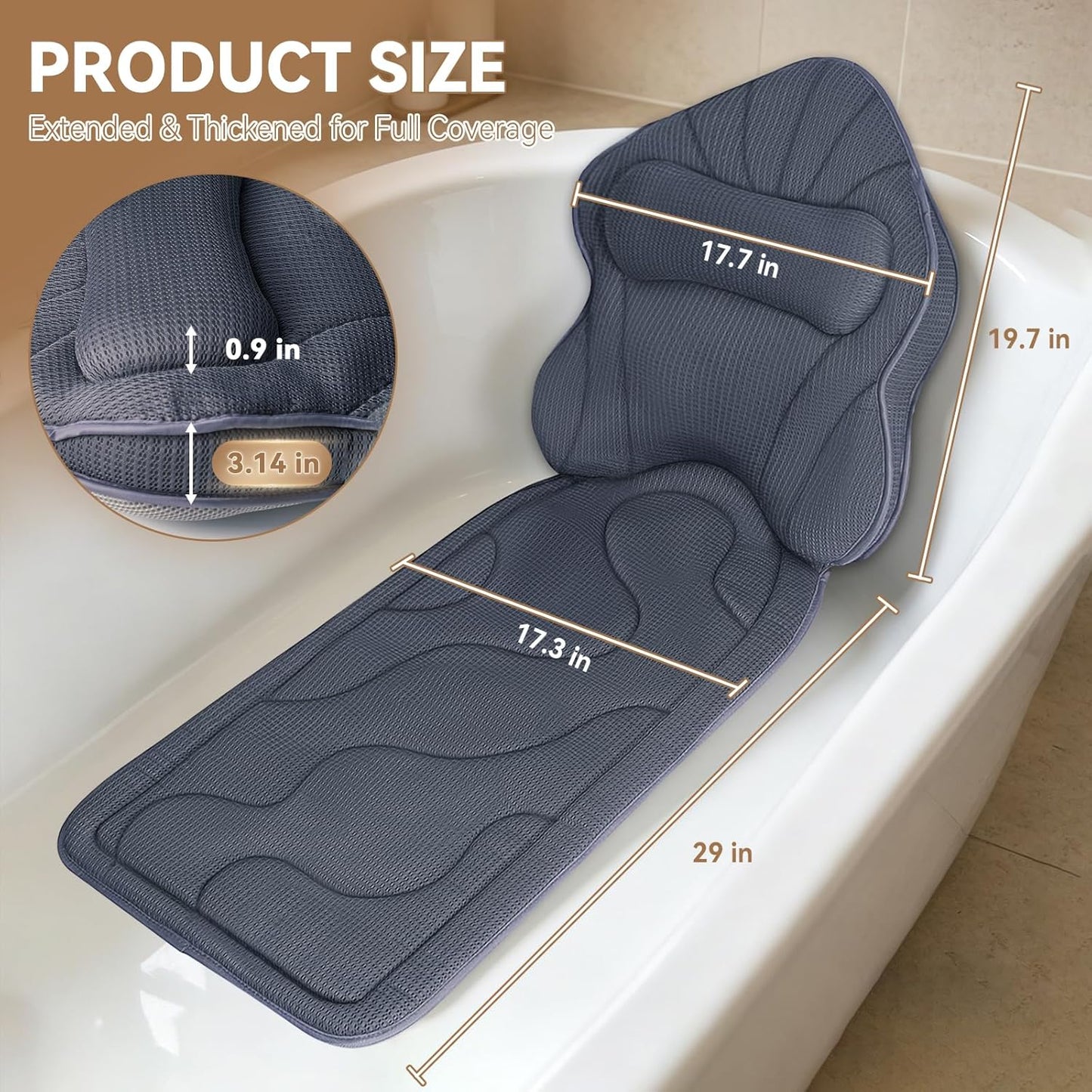 Poemland Bath Pillow for Tub, Extra Thick Full Body Bath Cushion with Head &amp; Neck Support, 5D Mesh Breathable Spa Pillow, 144 Non-Slip Suction Cups, Quick Dry for Home Spa Relaxation, White