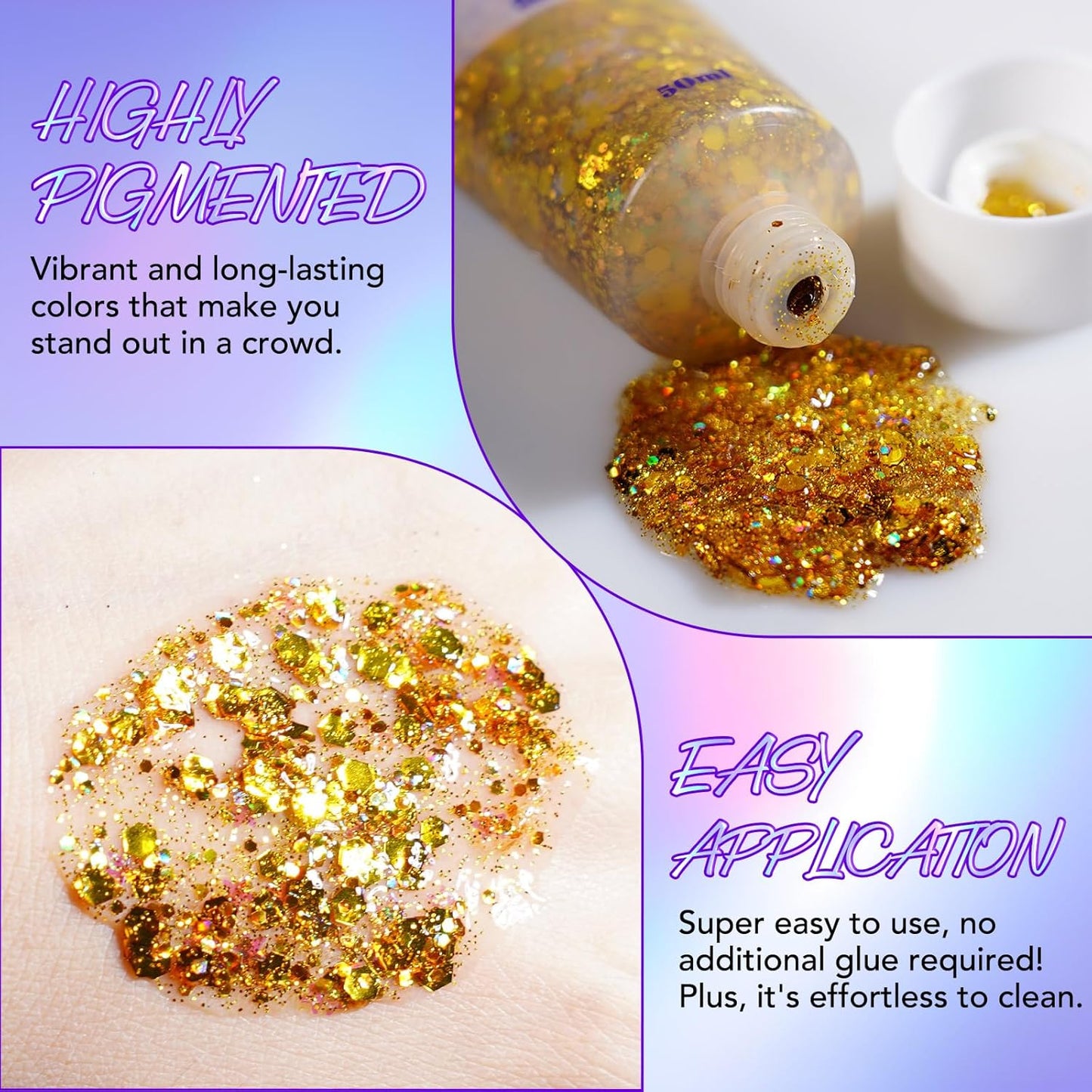 Body Glitter Gel 3PCS, 50ml Blue Gold Red Face Hair Glitter Gel Sequins Shimmer Liquid Eyeshadow, Liquid Holographic Glitter Gel, Chunky Glitter for Music Festival, Parties, Performances, Stages