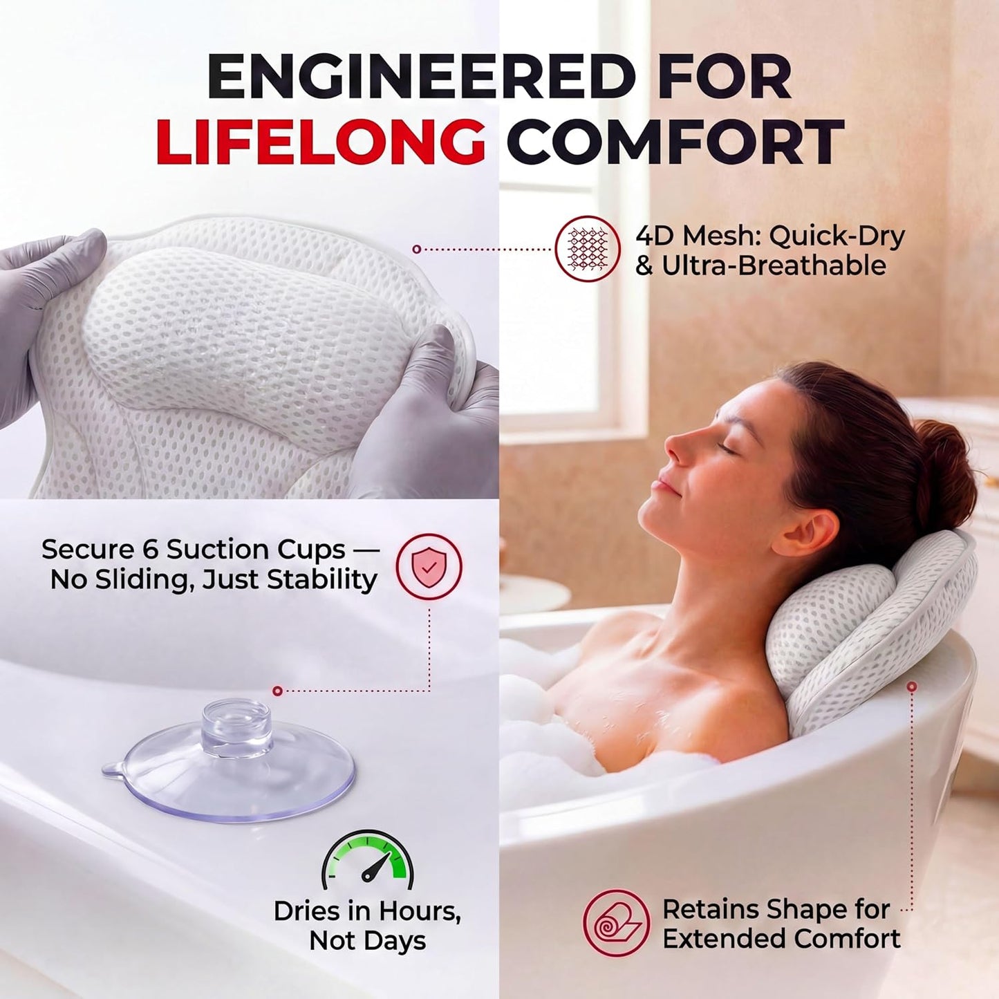 Bath Pillow LAVISMA Ergonomic Bathtub Cushion with 4D Breathable Mesh, Head, Neck, Shoulder &amp; Back Support, 6 Strong Suction Cups, Quick Dry Spa Pillow for Bathtub Jacuzzi Hot Tub - White