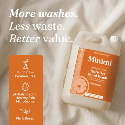 Miniml Antibacterial Hand Wash Soap 5L Refill - Natural Clementine Scented Eco Friendly Hand and Body Washing Liquid Gel for Soft and Sensitive Skin Care - 100% Vegan &amp; Cruelty Free