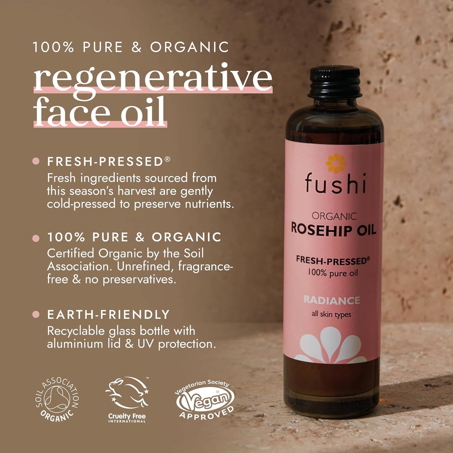 Fushi Organic Rosehip Seed Oil 100 ml | min Vitamin E 18.3 mcg/g | Fresh-Pressed | Best for Scars, Fine Lines &amp; Stretch Marks | Ethical &amp; Vegan Society Approved | Manufactured in the UK