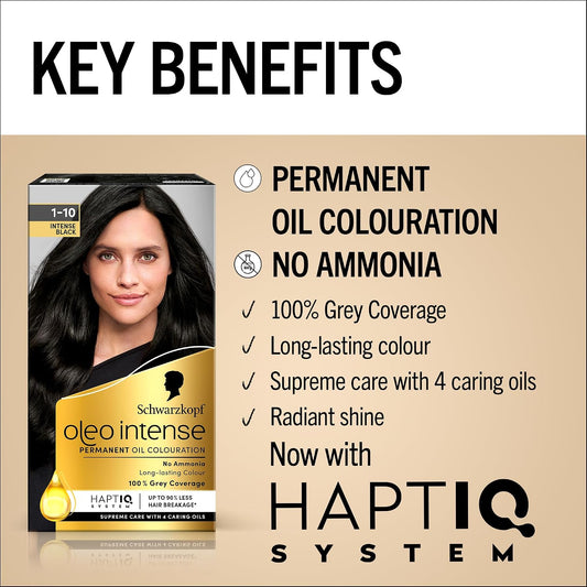 Schwarzkopf Oleo Intense Permanent Oil Colour 1-10 Intense Black Hair Dye, 100% Grey Coverage, Conditioner with HaptIQ System, Long-Lasting Colour, Ammonia Free Hair Dye