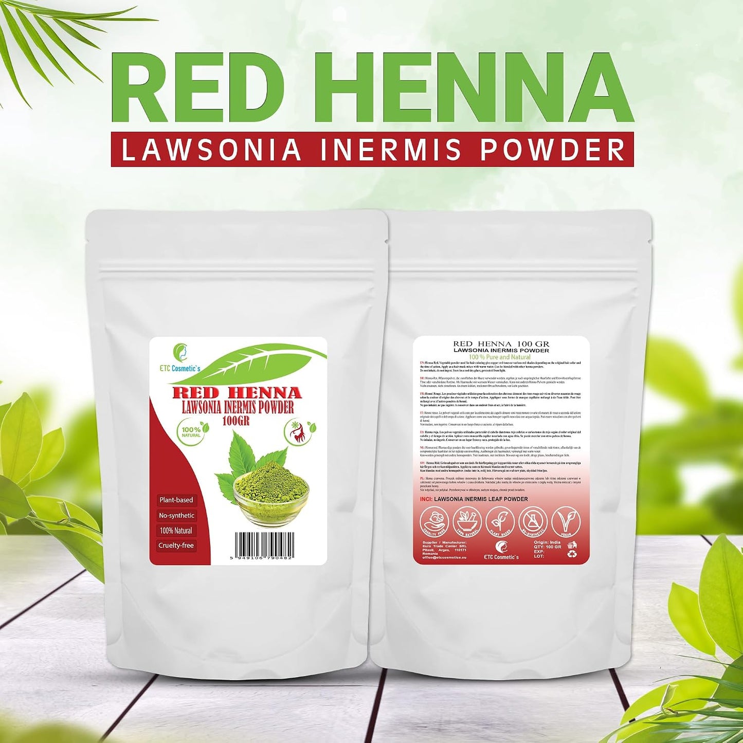 ETC Cosmetic's Red Henna - Lawsonia Inermis - 100g Powder - Natural - Improves Hair Appearance &amp; Conditions - All Hair Types - Demi-Permanent - Not Suitable for Red Hair