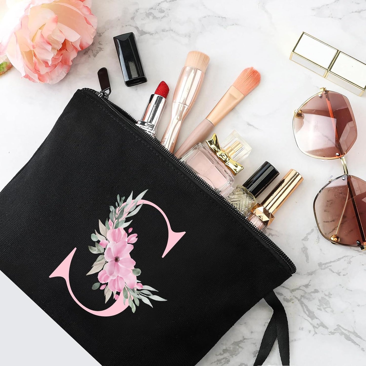 Vavabox A-Z Personalized Initial Makeup Bag, Birthday Gifts for Women Unique,Bride Bridesmaid Gift Cosmetic Bags (S, Black)