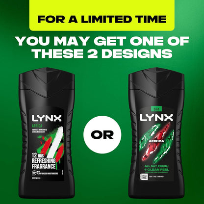 Lynx Men Africa 3-in-1 Hair, Face and Body Wash Shower Gel with mandarin &amp; sandalwood for an all day fresh &amp; clean feel 225 ml, Pack of 3