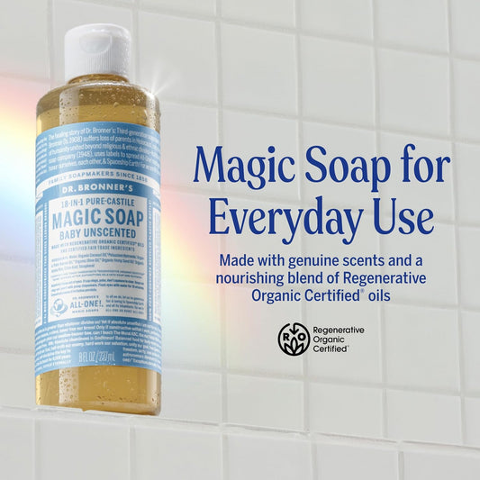 Dr Bronner's -18-in-1 Baby Unscented Pure Castile Liquid Soap, 237ml Bottle