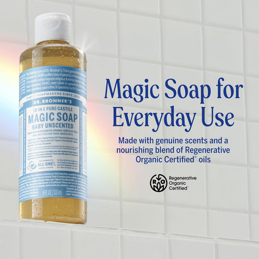 Dr Bronner's -18-in-1 Baby Unscented Pure Castile Liquid Soap, 237ml Bottle