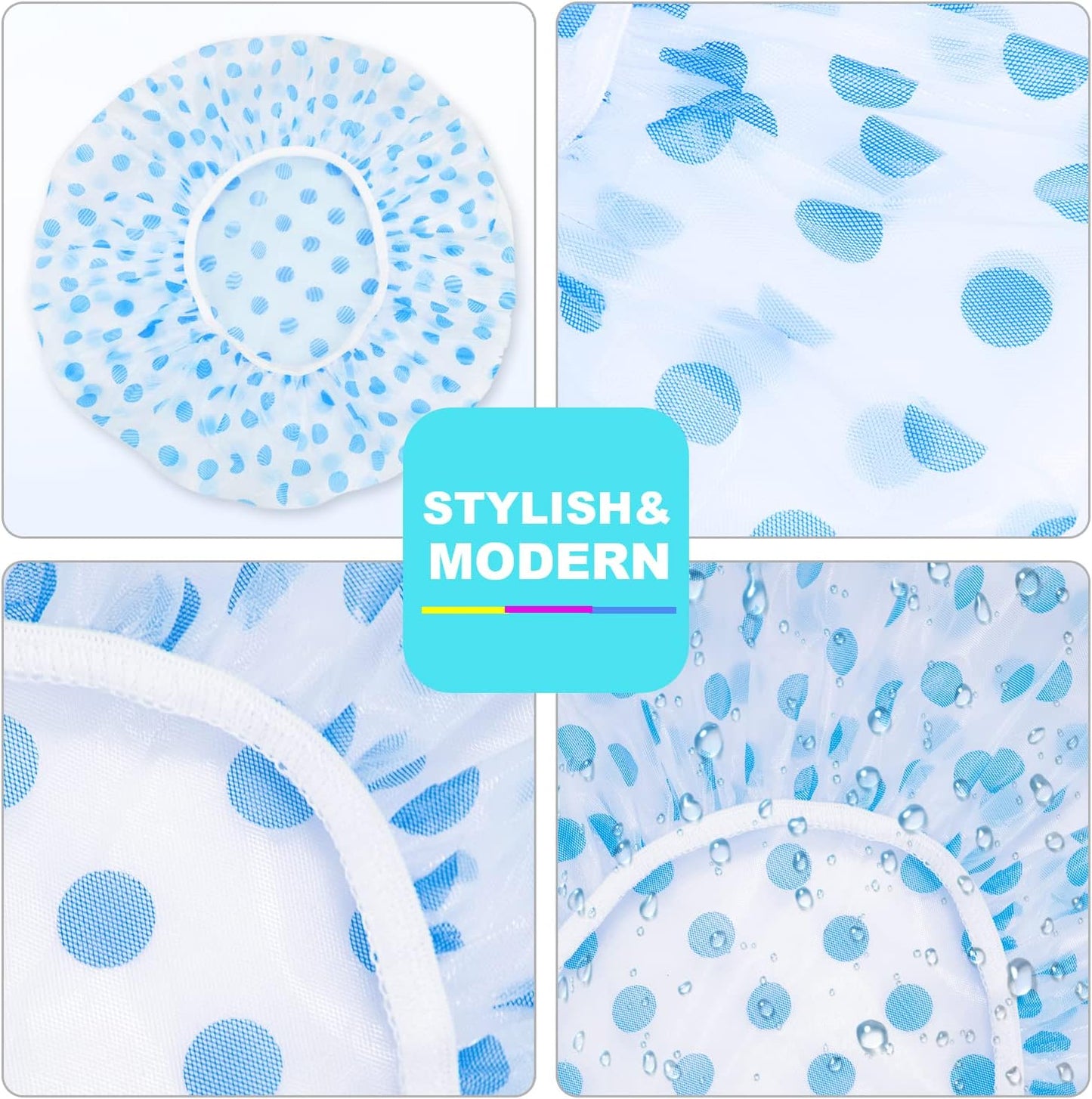 6 Pcs OWill Shower Caps for Women uk,Waterproof and Reusable Bath Cap,28cm Width with Elastic Band, Large Plastic Long Hair Eco Cap.