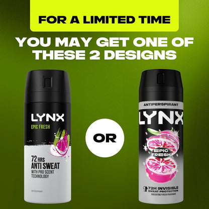 Lynx Epic Fresh Anti-Perspirant Aerosol Men's Deodorant Spray with ProScent technology and a grapefruit &amp; tropical pineapple scent for 72 hours protection against odour and wetness 150 ml