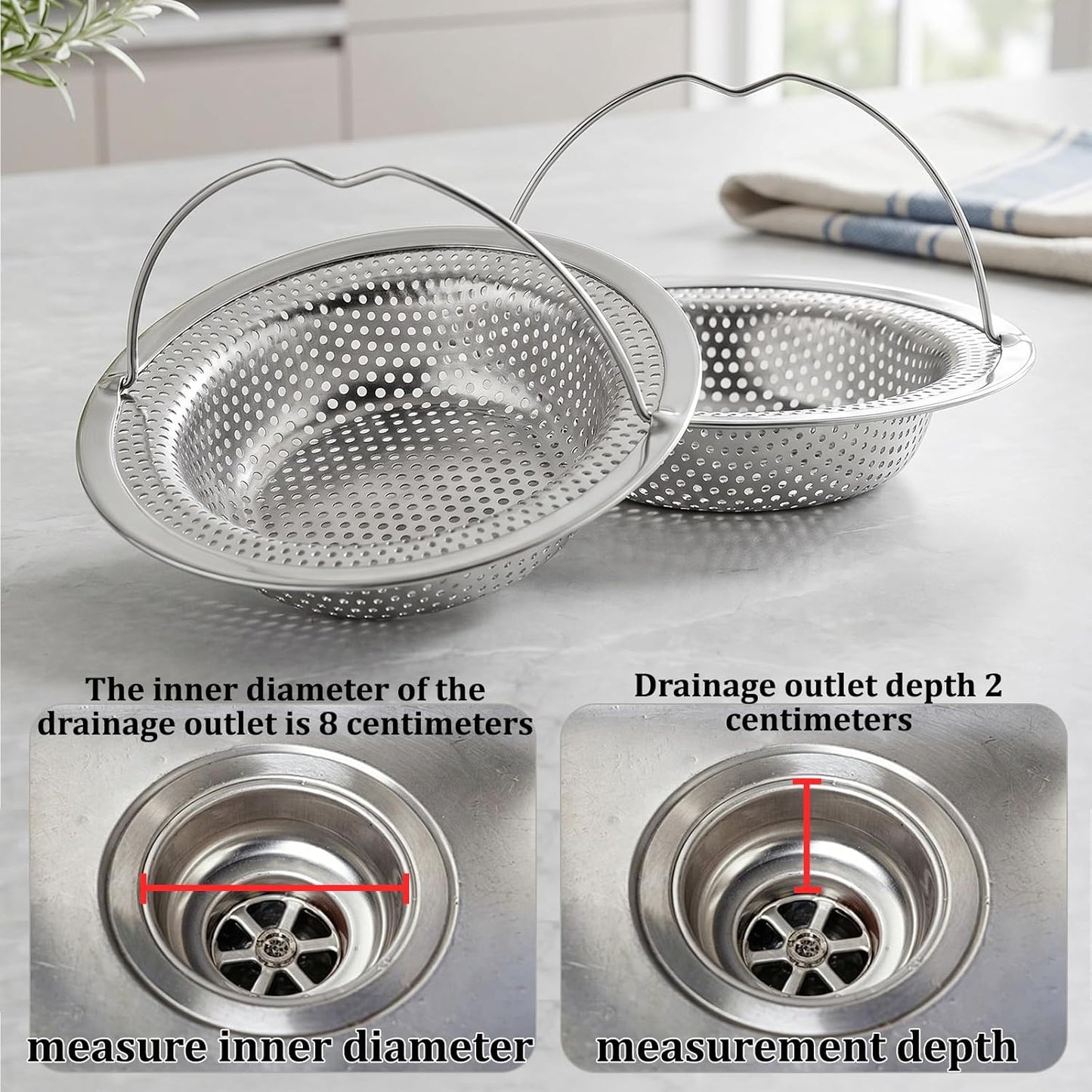 2 Pack Kitchen Sink Strainer, Sink Plug Strainer with Handle, sink Food Catcher, Shower Hair Catcher, Anti-Clogging, Outer Diameter 11cm, Inner Diameter 8cm, Height 2cm