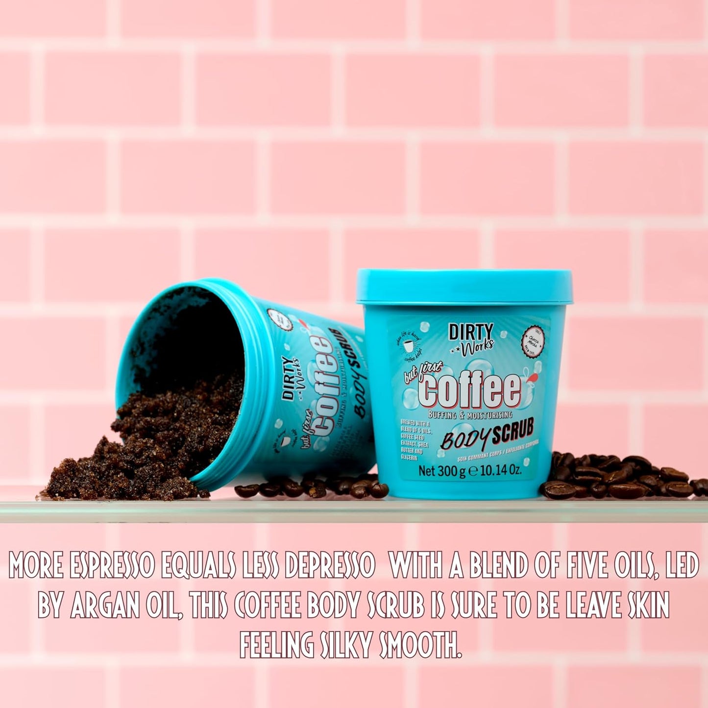 Dirty Works But First Coffee Body Scrub 300g – Exfoliating Caffeine-Infused Scrub with Argan Oil &amp; Shea Butter for Smooth, Revitalised Skin, Indulgent Chocolate Scent, Vegan