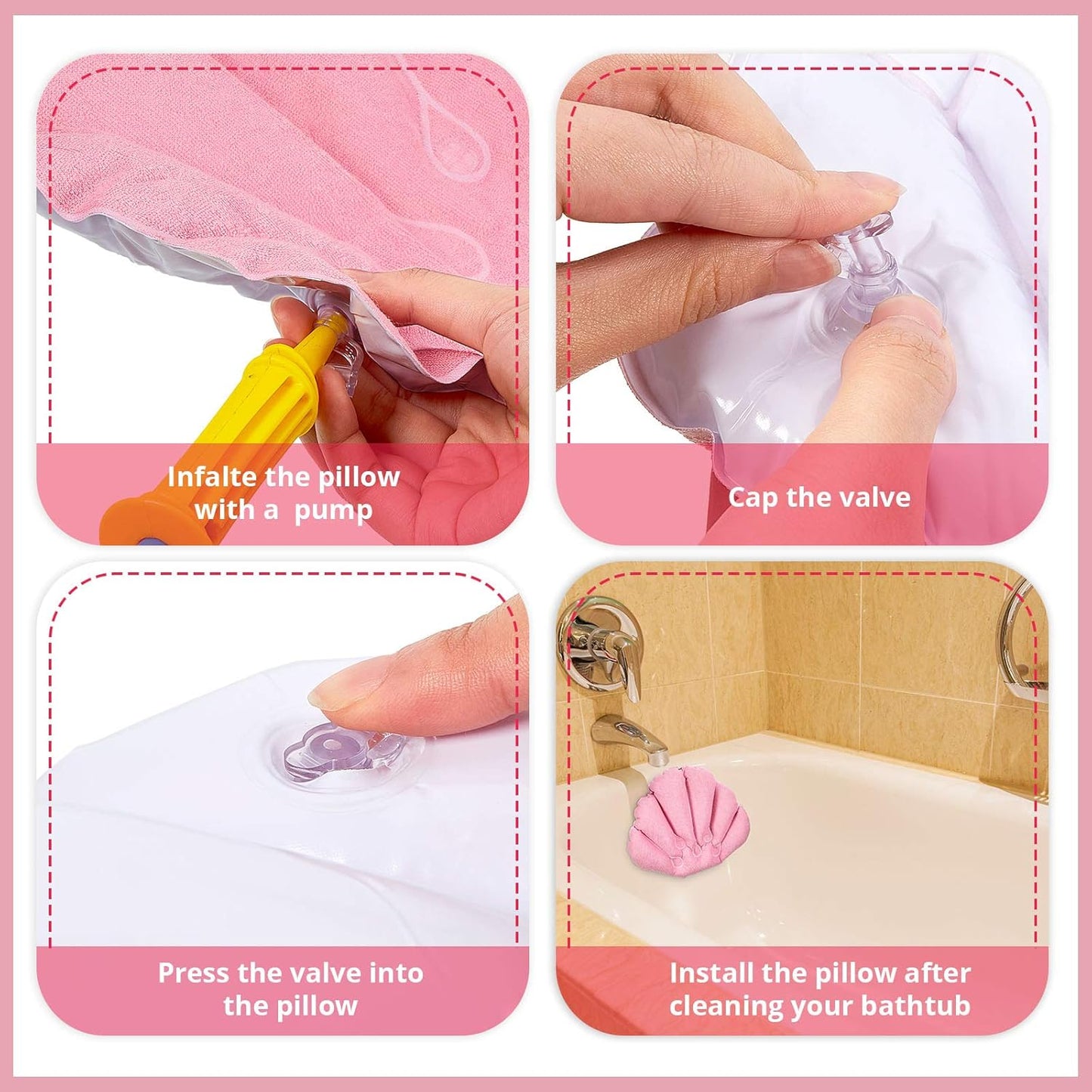 3 Pieces Inflatable Bath Pillow with Suction Cups, Terry Cloth Covered Shell Shape Bathtub Spa Pillow Comfortable Soft Cushion, Neck Support(Pink, Blue, White)