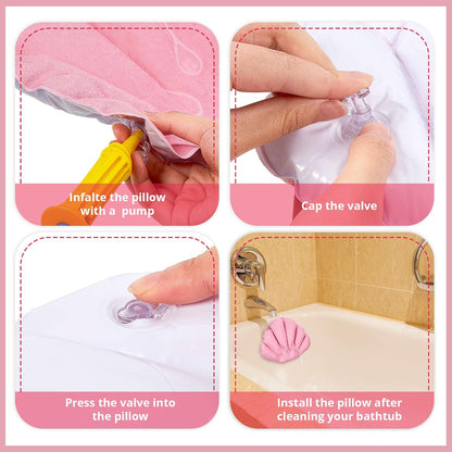 3 Pieces Inflatable Bath Pillow with Suction Cups, Terry Cloth Covered Shell Shape Bathtub Spa Pillow Comfortable Soft Cushion, Neck Support(Pink, Blue, White)