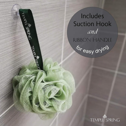 Temple Spring Loofah Shower Sponge, Recycled Body Scrubber Scrunchies, Exfoliating Bath Sponge, Shower Puff Bath Sponges for Adults, Loofah Back Scrubber Pouffe, Loofa Body Scrub Exfoliator -Sea Green