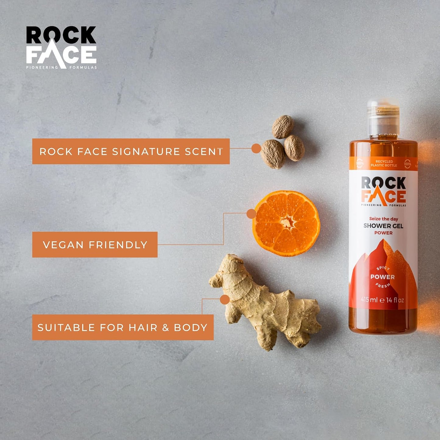 Rock Face Shower Gel - Power All In One Body Wash for Men, 410ml, Spicy Oriental Scent, Suitable for Hair and Body, Long Lasting Fragrance