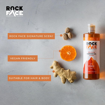Rock Face Shower Gel - Power All In One Body Wash for Men, 410ml, Spicy Oriental Scent, Suitable for Hair and Body, Long Lasting Fragrance