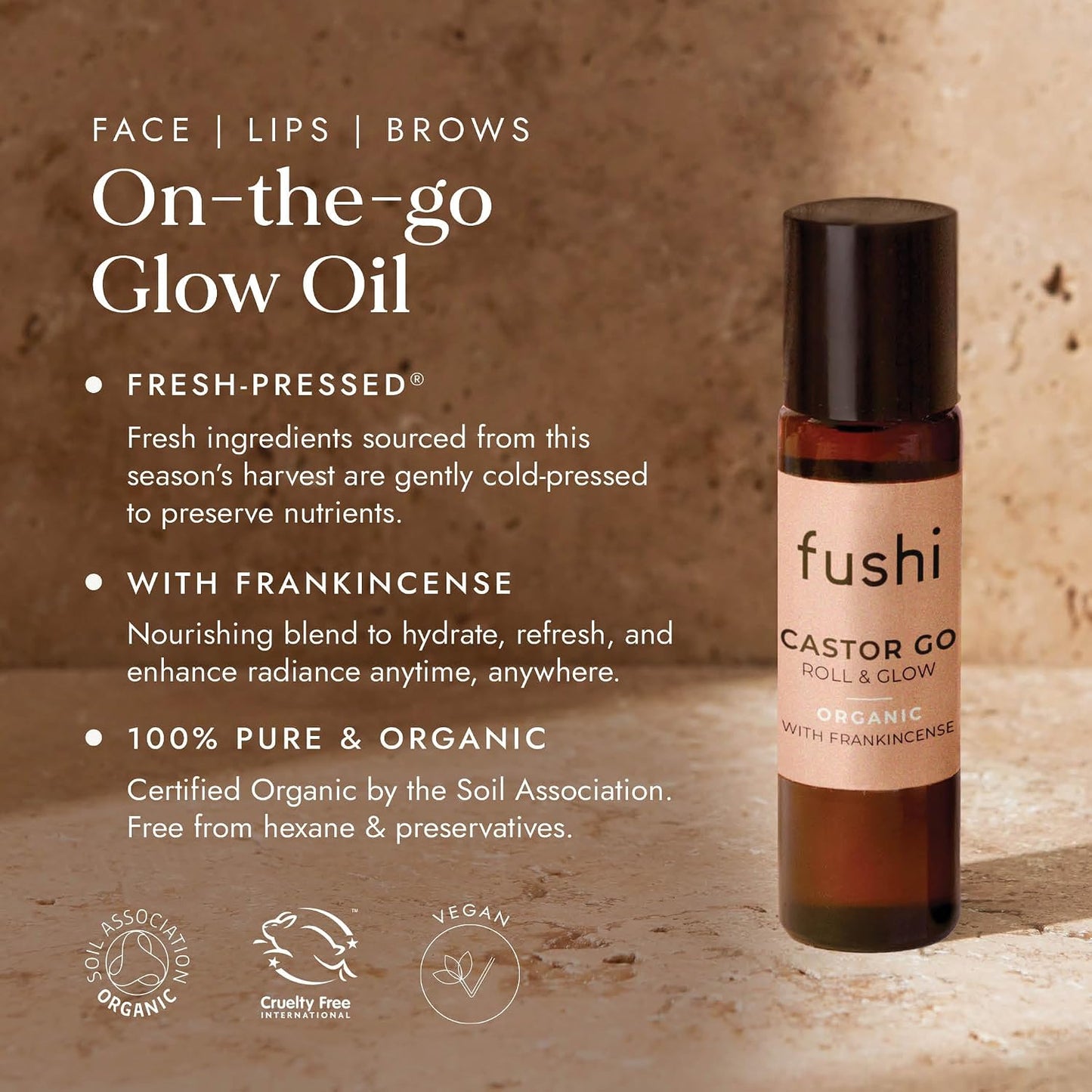 Fushi Organic Castor Oil 10ml Roll &amp; Glow 100% Pure Cold &amp; Fresh-Pressed For Dry Skin &amp; Eyelashes &amp; Eyebrows - Handy On the Go Size Hexane Free Natural Food-grade