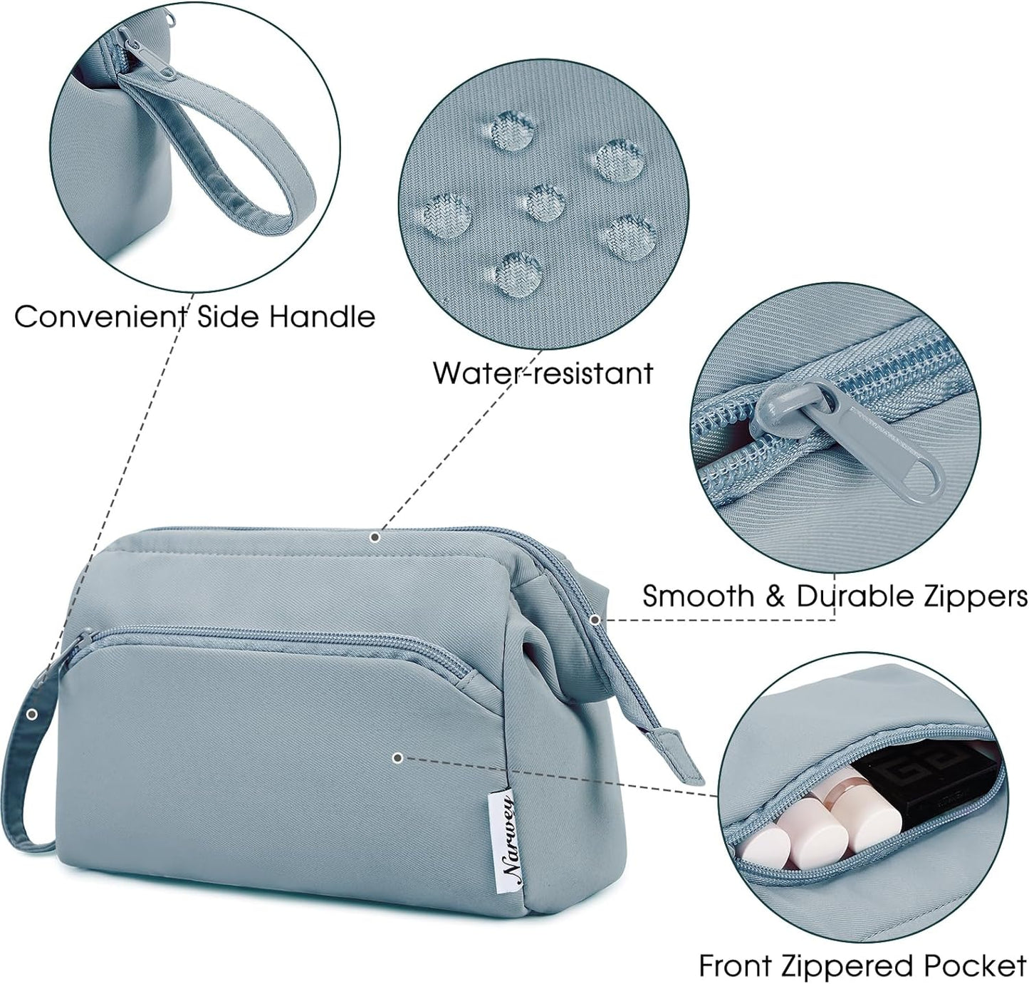 Narwey Large Makeup Bag Wide-open Zipper Pouch Travel Wash Bag Toiletry Bag Cosmetic Organizer for Women (Greyish Blue)