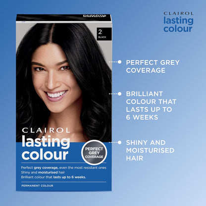 Clairol Lasting Colour Permanent Hair Dye | Ideal Grey Coverage | Shiny and Moisturised Hair | 2 Black