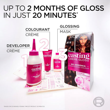Casting Crème Gloss 360 Black Cherry: This no-ammonia, semi-permanent hair colour lasts 32 washes. Enjoy up to 3x glossier, 4x silkier, visibly healthier hair with a luscious black cherry shade.