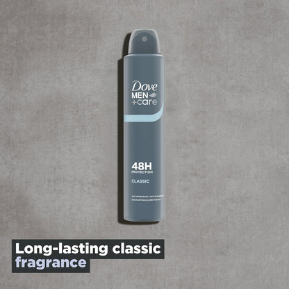 Dove Men+Care Classic Anti-Perspirant Aerosol Deodorant Spray with ¼ moisturising cream for 48 hour protection against sweat and odour 6x 200 ml