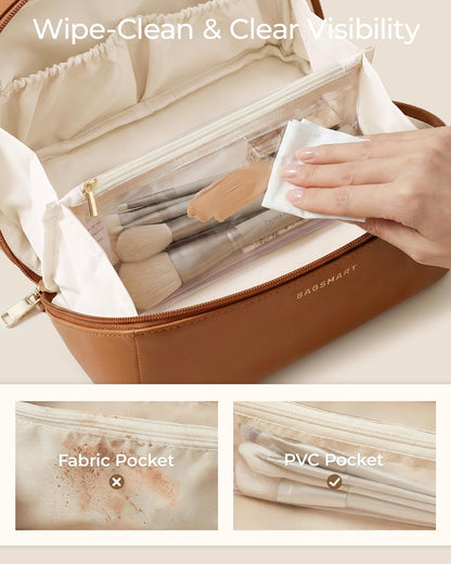 BAGSMART Travel Makeup Bag, Flat Lay Make Up Case, PU Leather Waterpoof Cosmetic Organiser with Clear Pocket for Brushes, Small Toiletry Bag with Handle, Essential for Women, Camel