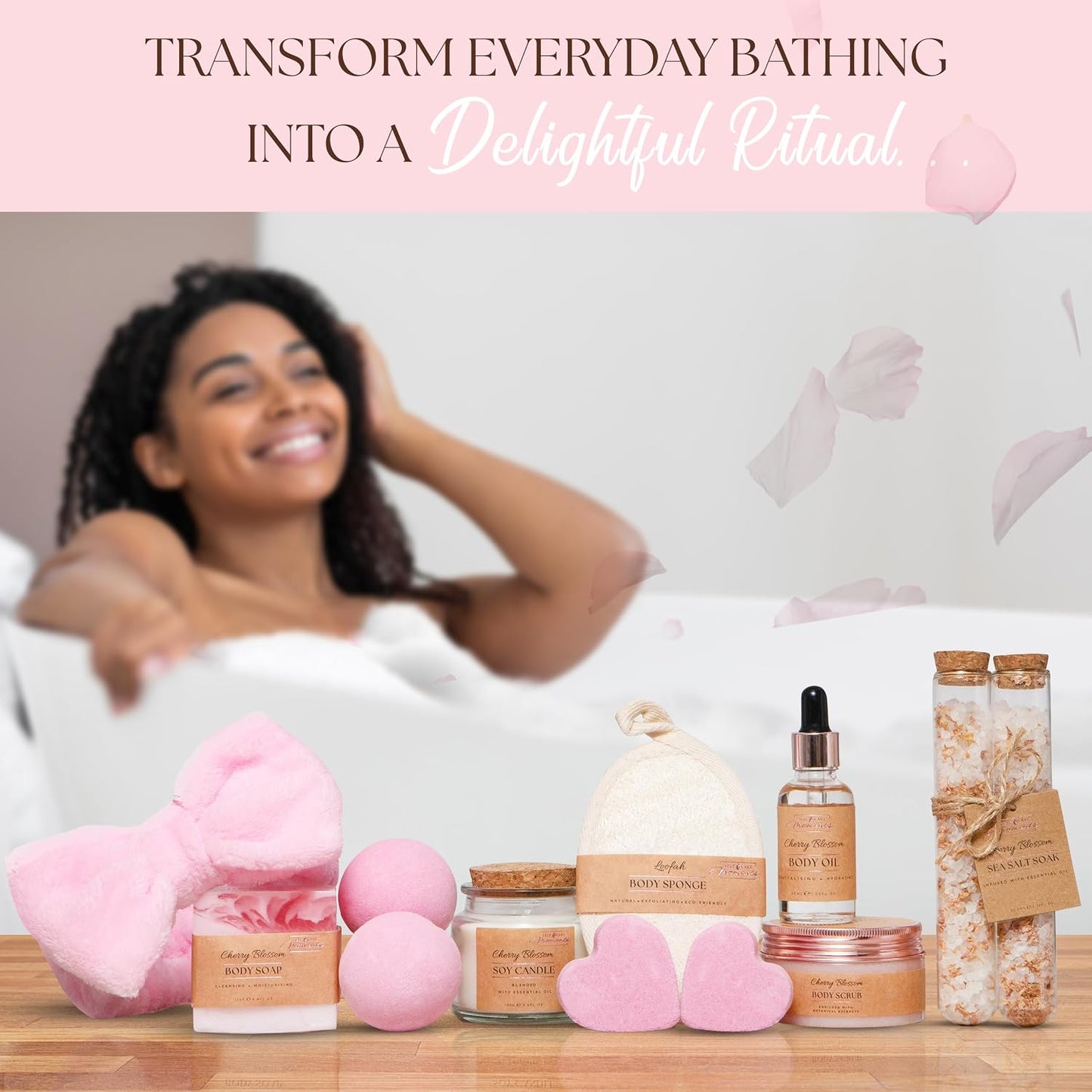 Birthday Gifts for Women with Cherry Blossom - 12 Piece Luxury Spa Gift Set for Her - Relaxation Pamper Hamper Bath Sets - Pamper Gifts for Women