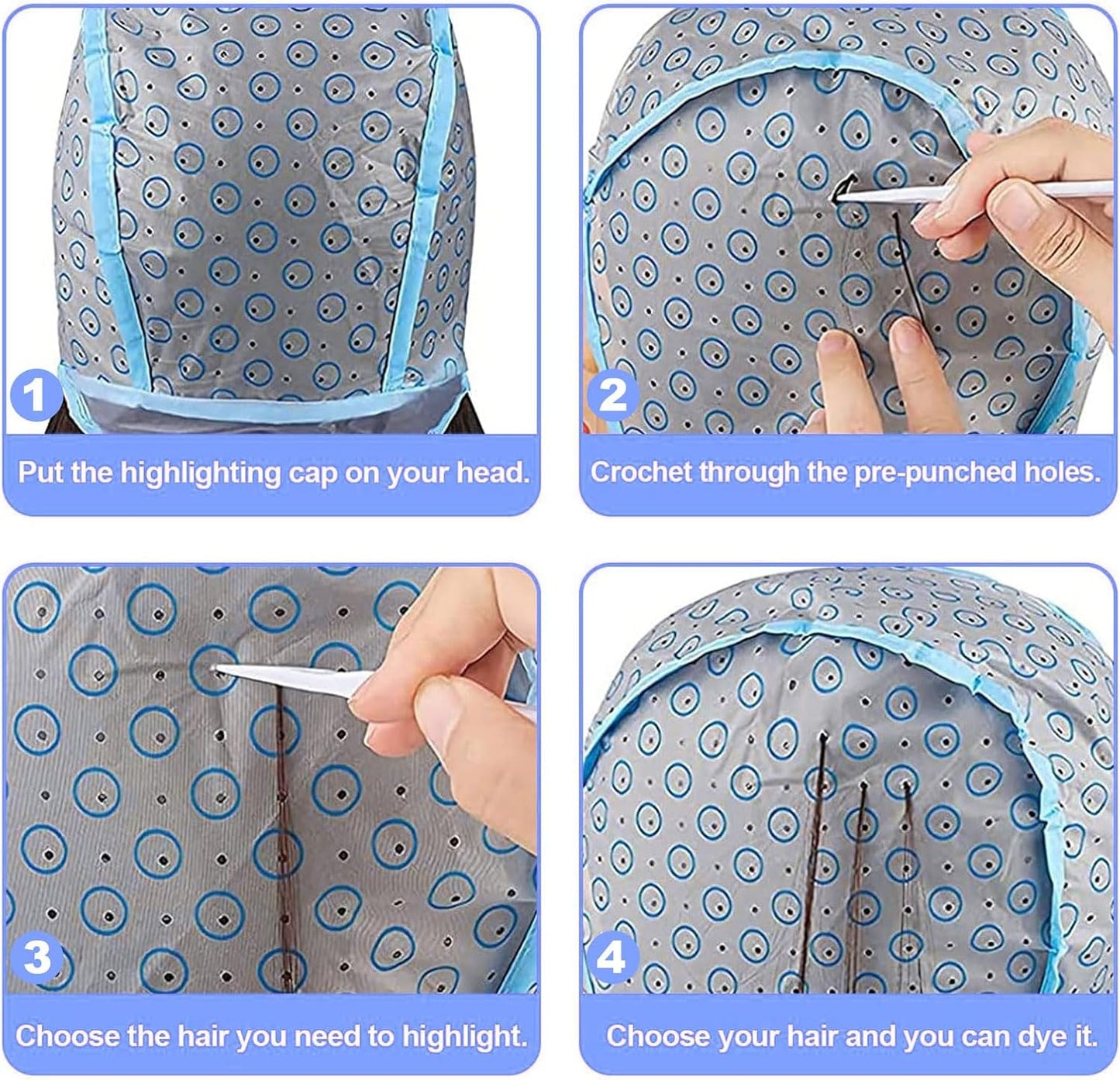SKHAOVS 15 Pcs Hair Highlighting Kit, 4 Hair Color Reusable Highlighting Caps with Coloring Hair Hook Hair Dye Comb Hair Dye Brushes Shawl Gloves Frosting Cap (Blue)