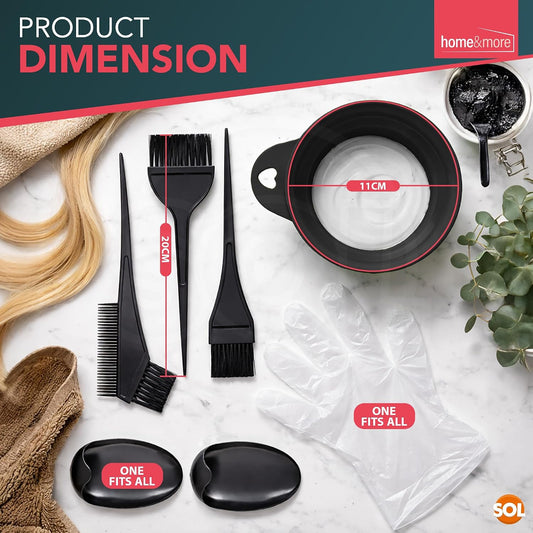 SOL 7pcs Hair Dye Bowl and Brush Kit - Complete Set for At-Home Hair Colouring - Includes Mixing Bowl, Brushes, Protective Glove, Ear Covers - Smooth Easy-Grip Design, Reusable and Easy to Clean Tools