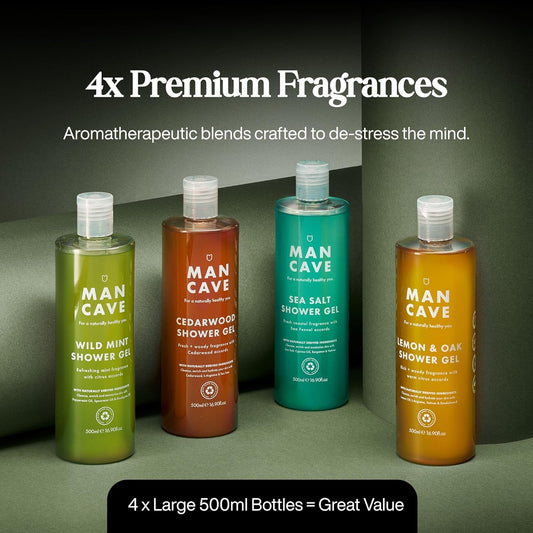 Mancave Men's Ultra-Premium Shower Gel Fragrance Gift Set, 4 x 500ml Natural Sulphate Free Shower Gels: Wild Mint, Lemon &amp; Oak, Cedarwood and Sea Salt fragrances, Vegan Friendly, Packaging May Vary
