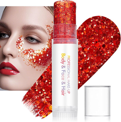 Ruby Red Chunky Glitter Stick – Shimmer for Face Body and Hair, Waterproof Long Lasting Sparkle Highlighter, Easy Glide Festival Makeup for Women – Perfect for Party Rave Halloween Christmas