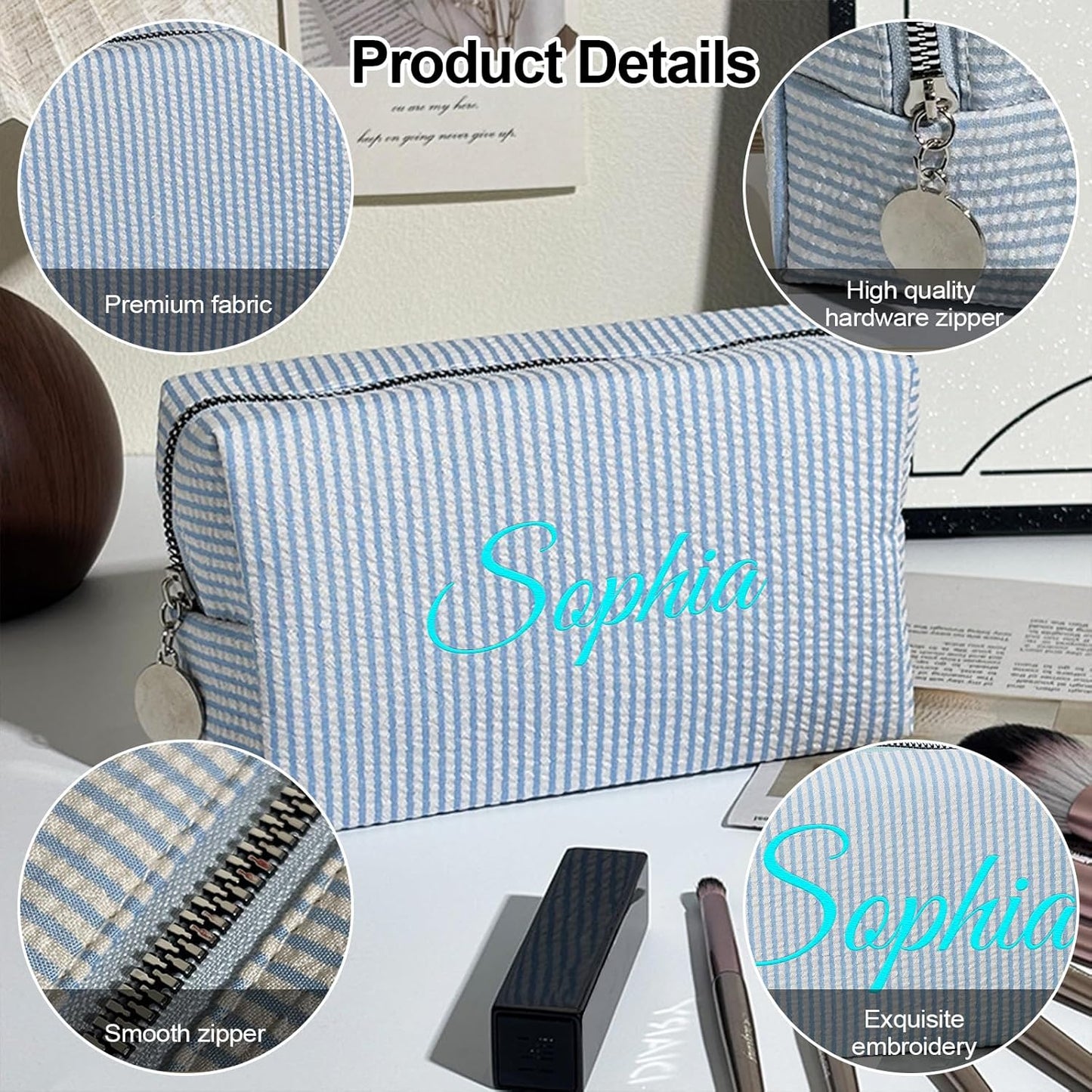 Personalised Stripe Makeup Bag, Custom Embroidered Name Cosmetic Bag, Portable Travel Toiletry Bag, Monogrammed Wash Bag, Gift for Women Bridesmaid Birthday Mother's Day (Pink)