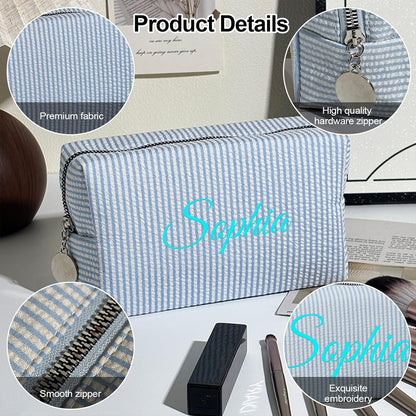 Personalised Stripe Makeup Bag, Custom Embroidered Name Cosmetic Bag, Portable Travel Toiletry Bag, Monogrammed Wash Bag, Gift for Women Bridesmaid Birthday Mother's Day (Pink)