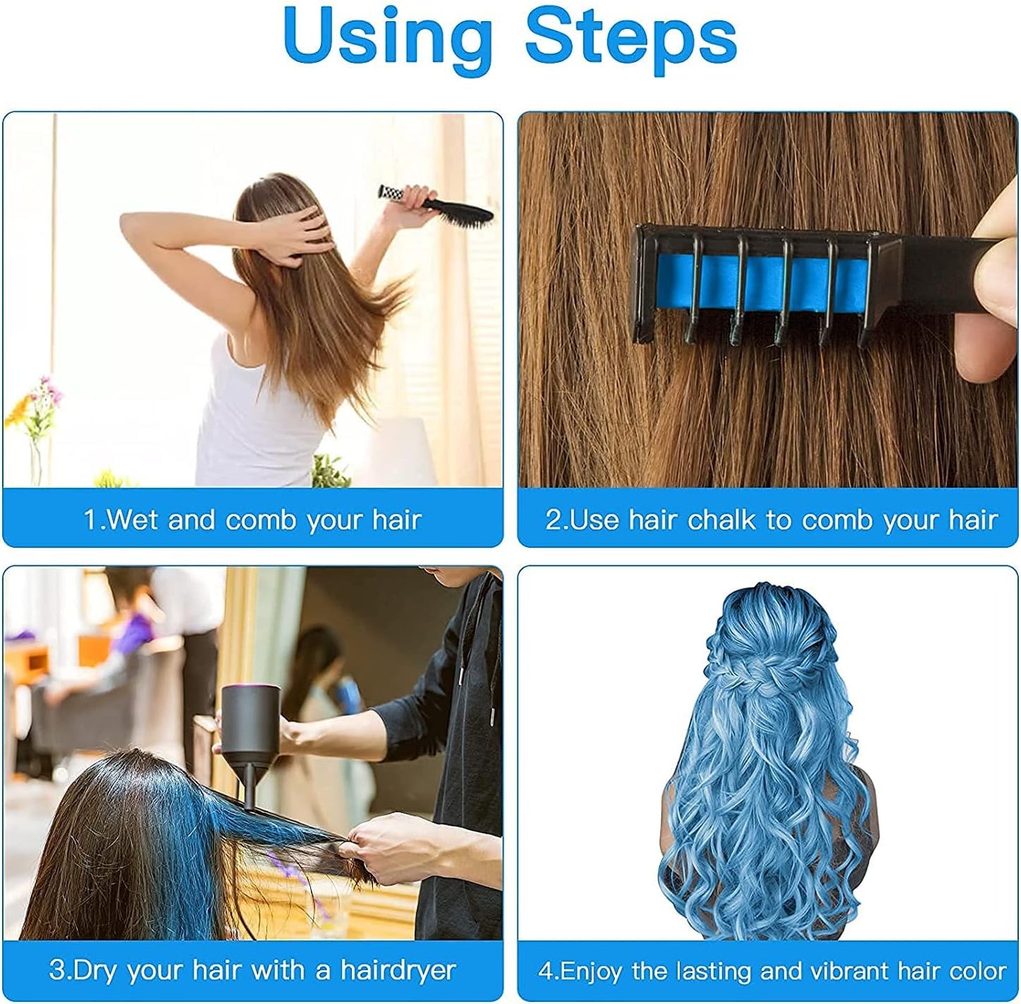 10 Pcs Hair Chalk for Kids Girls Gifts, MSDADA Temporary Bright Hair Chalk Comb for Kids Girls Age 6 7 8 9 10-12+ Washable Coloured Hairspray for Birthday Children's Day Party Cosplay DIY(Blue)