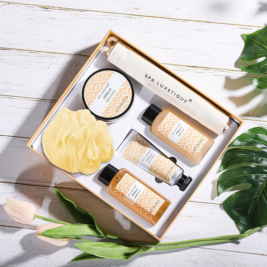 Spa Luxetique Gifts for Women, 6pcs Vanilla Bath Spa Gift Set, Travel Gift Box with Hand Cream, Body Lotion, Shower Gel, Bubble Bath, Mothers Day Gift, Valentine's Gifts for Her Christmas Gift