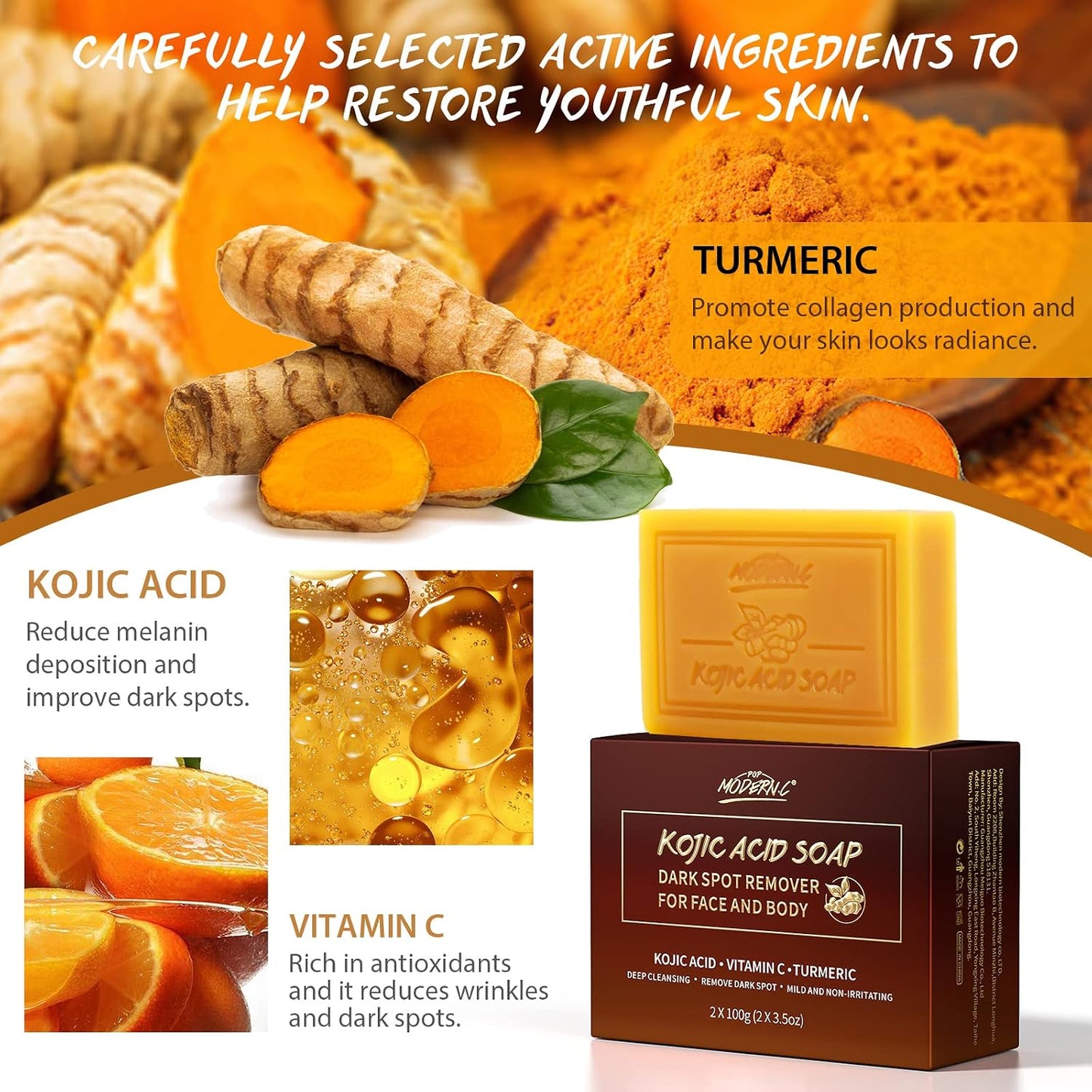 Kojic Acid Soap, with Turmeric &amp; Vitamins C, Dark Spot Remover for Face and Body, 100g x3 Moisturizing for Acne Blackheads Remover, Hyaluronic Acid for Deep Cleansing, with a Mesh Pouch