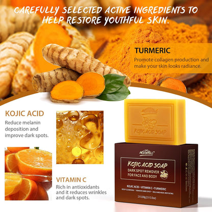 Kojic Acid Soap, with Turmeric &amp; Vitamins C, Dark Spot Remover for Face and Body, 100g x3 Moisturizing for Acne Blackheads Remover, Hyaluronic Acid for Deep Cleansing, with a Mesh Pouch