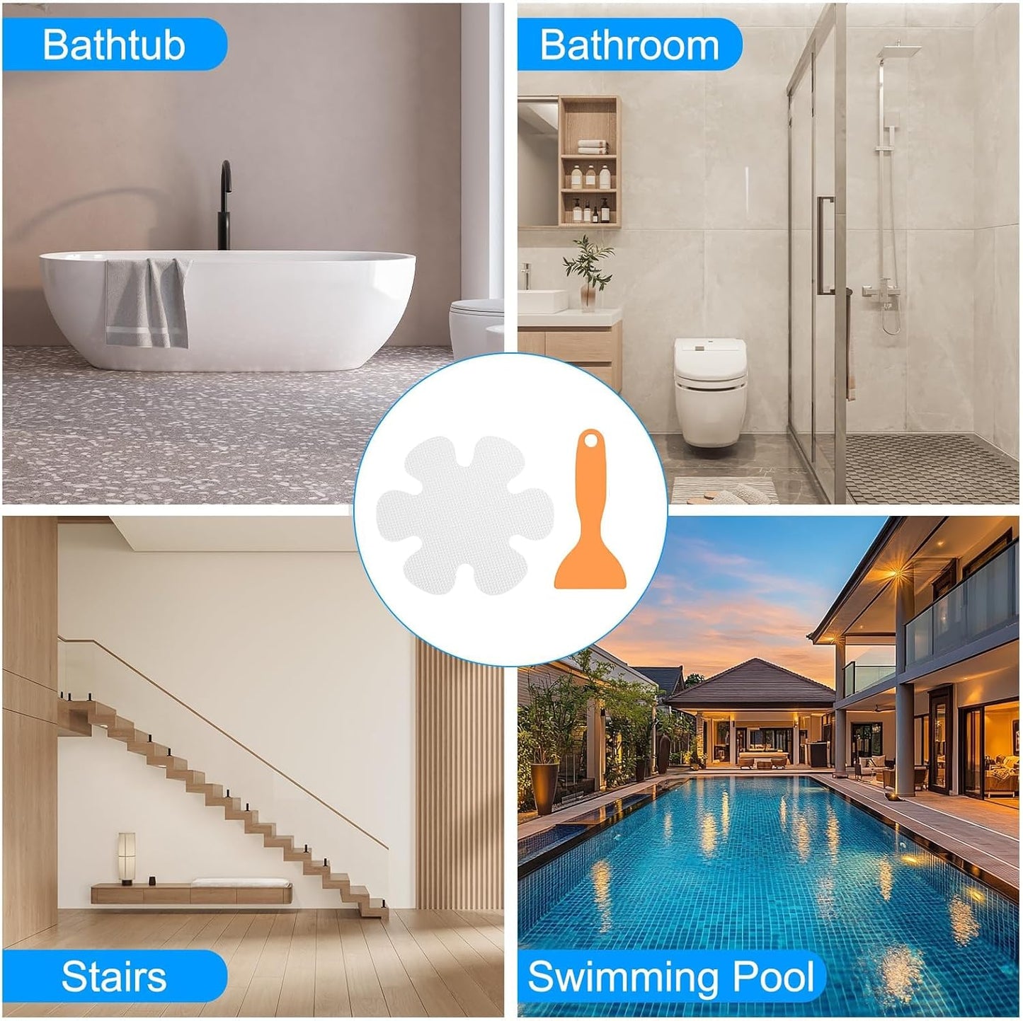 Non Slip Shower Stickers 12 Pcs,Anti Slip Bath Stickers Round Clear Self Adhesive Bathroom Non-Slip Sticker with Scraper for Tile Floor Steps Invisible Shower Anti Slip Decals, Bath Non Slip Stickers